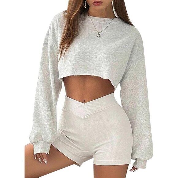 Sweaters - Women's Cropped Sweatshirt Fleece Small Grey Crewneck Drop Shoulder Pullover